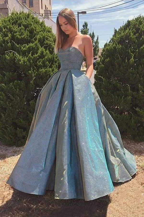 Vestido de fiesta de corte A con escote en forma de corazón, brillante, sin tirantes, con bolsillos